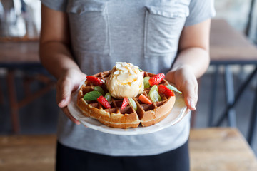 waffles with strawberries and ice cream