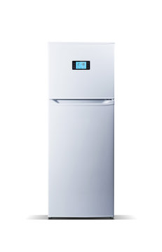 White modern refrigerator isolated on white. The external LED display, with blue glow. Fridge freezer.