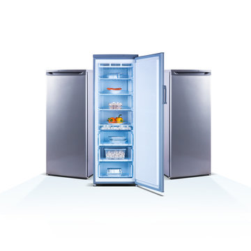 Three freezers on white background, open, front view, with food, isolated on white, shine grey metallic