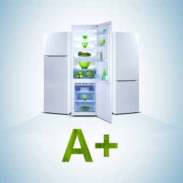 Three refrigerators. Open door, Class A+, A plus plus, word