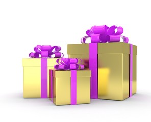 three gift boxes with bows isolated on white. 3d rendering.