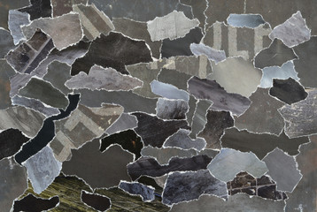 Atmosphere mood board collage color sheet in grey, antraciet, white and black made of teared...