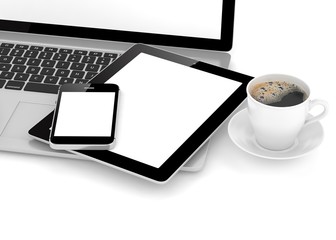 Laptop, phone, tablet pc and coffee. 3d rendering.
