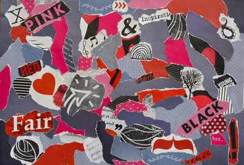 Modern Atmosphere  mood board collage sheet  in red,pink, black and white color made of teared magazine paper with figures, letters, colors and textures, results in art
