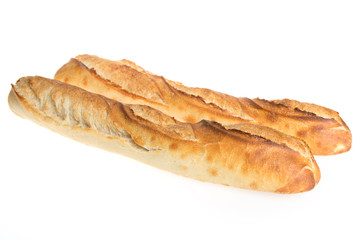 Two french baguettes on a white background