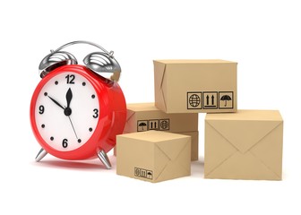 Package and alarm clock, delivery concept. 3d rendering.