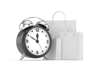 alarm clock and shopping bag (time to buy concept). 3d rendering.
