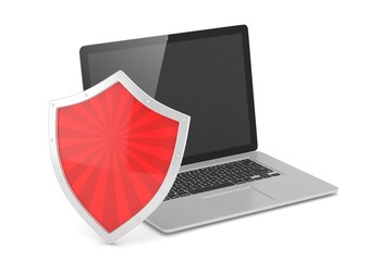 Laptop and shield on white, computer security concept. 3d rendering.