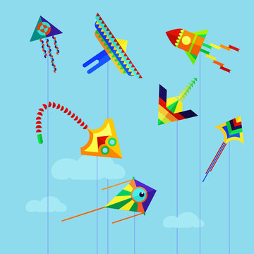 Set of flat colorful kite flying on the background of blue sky and clouds. Cartoon kite flying flies in the sky. Vector stock illustration.