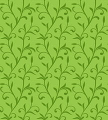 Seamless pattern with bent stem with leaves and buds on a green background