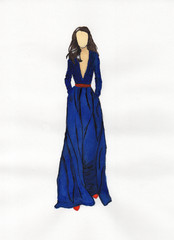 Girl in a long blue dress. Illustration