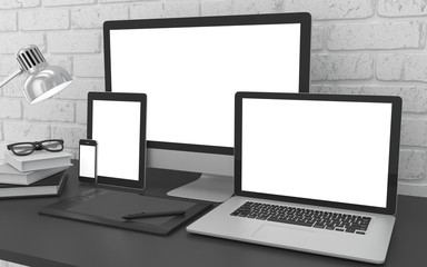 Fototapeta premium Responsive mockup screen. Monitor, laptop, tablet, phone on table in office. 3d rendering.