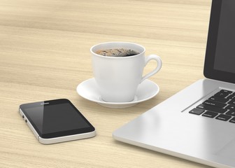 Laptop smartphone and coffee cup on wood table. 3d rendering.