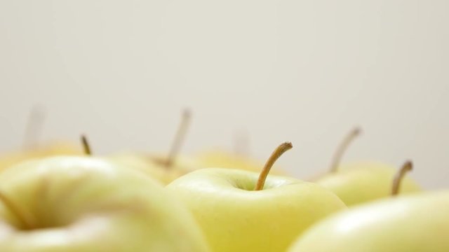 Juicy fresh apple fruit background with petioles slow tilt 4K 3840X2160 30fps UltraHD video - Tilting on yellow apples with penducles in a row 4K 2160p UHD footage 