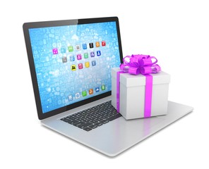 Gift box with ribbon on laptop keyboard. 3d rendering.