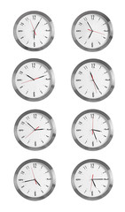 Collage of round wall clocks, isolated on white