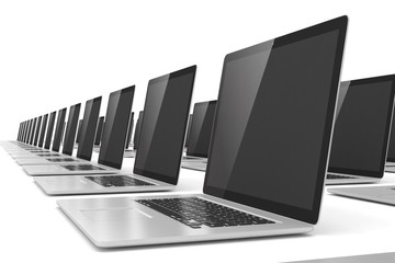 many  laptop on white background. 3d rendering. - 107962619