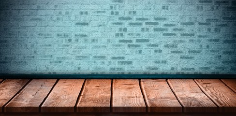 Composite image of blue wall with wooden board