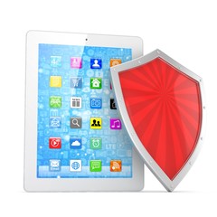 Tablet PC and shield on white device security concept. 3d rendering.