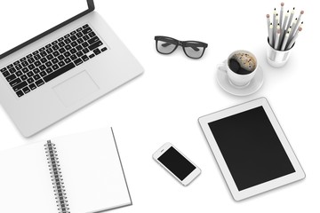 laptop and office stuff, workplace, top view. 3d rendering