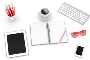 laptop and office stuff, workplace, top view, 3D rendering