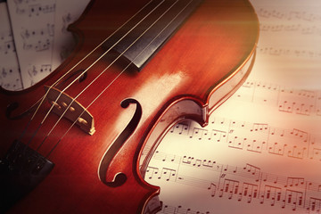 Fototapeta premium Violin on musical notes background
