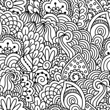 Seamless black and white pattern. Ethnic henna hand drawn background for coloring book, textile or wrapping.
