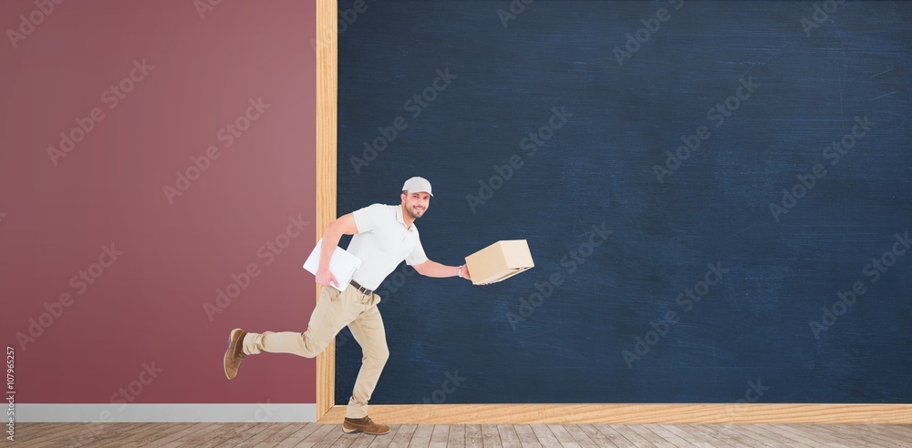 Poster composite image of delivery man with cardboard boxes running