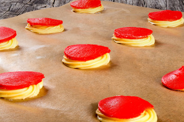 dough with red  crumble for baking cakes shu