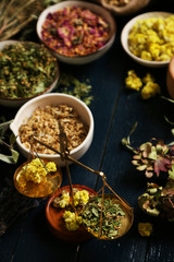 Assortment of dry medicinal herbs in bowls on wooden background top view