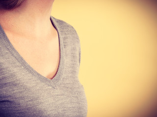 Closeup female neckline gray sweater