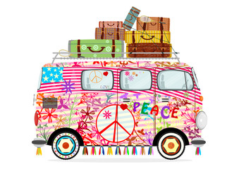 Funny cartoon hippie bus on a white background. Flat vector