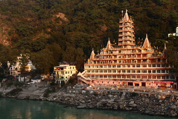Tera Manzil Templ, another name - Trimbakeshwar, view from Lakshman Jhula bridge. Rishikesh, North...