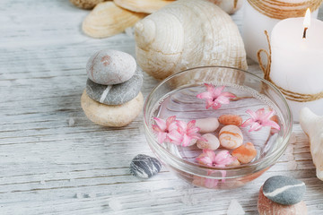 Composition of spa treatment on wooden background