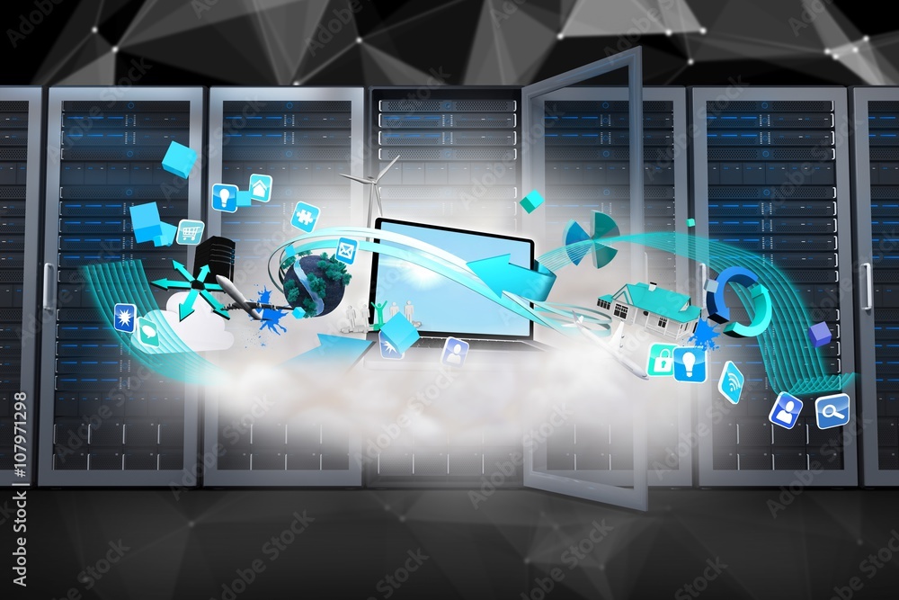 Poster composite image of laptop on floating cloud with apps
