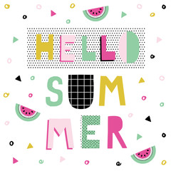 Hello Summer Poster with watermelon. Vector illustration