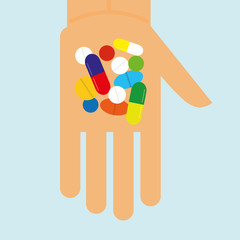 Stylized hand holding a variety of pills,tablets and capsules that might be narcotics or prescribed drugs