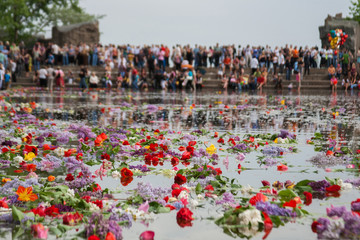 Flowers floating in the the Lake of Tears on Mamaev hill in Volgograd