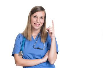 Female doctor pointing up one finger