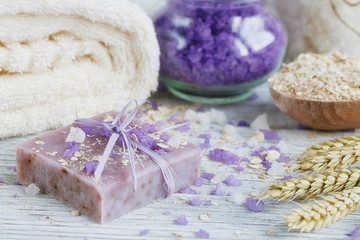 Natural handmade soap, sea salt, towel, oat flakes and wheat ear