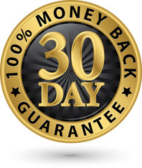 30 day 100% money back guarantee golden sign, vector illustratio