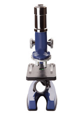 Small blue educational microscope on white.

