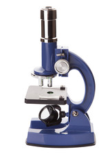Small blue educational microscope on white.
