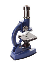 Small blue educational microscope on white.
