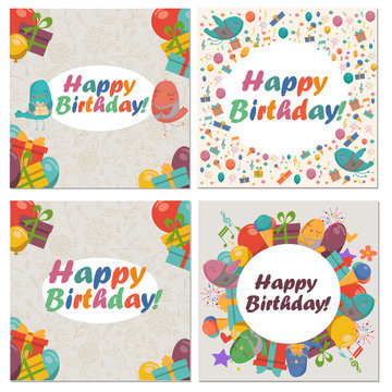  Set of Birthday card with cute birds,flowers and balloons,Ice Cream gifts.