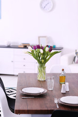 Bouquet of beautiful tulips on the table, close up