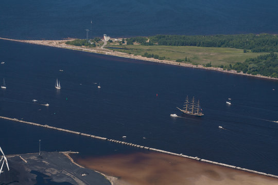 Regatta, sailing aerial view. Sailing boats and yachts. Tall shi
