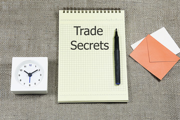 Trade Secrets on clipboard with a pen. desk clock and small letter 