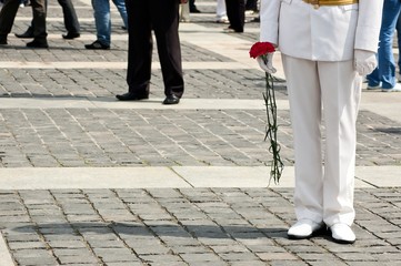 Lower body of officer in white uniform who holds carnation flowers on Victory Day celebration at the Museum of The History of Ukraine in World War II in Kyiv, Ukraine