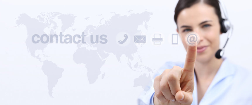 contact us, customer service operator woman with headset smiling and touch screen  - Powered by Adobe